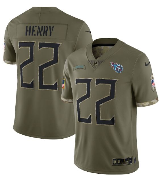 Men's Tennessee Titans #22 Derrick Henry Olive 2022 Salute To Service Limited Stitched Jersey Men's Tennessee Titans #22 Derrick Henry Olive 2022 Salute To Service Limited Stitched Jersey